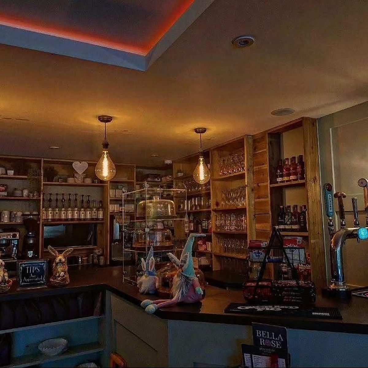 Inside: the bar counter with beer taps, pendant lights and wooden shelves of jars and bottles